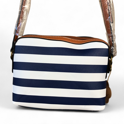NAVY and WHITE Striped PVC Cotton Road Sling Bag with TAN Trim