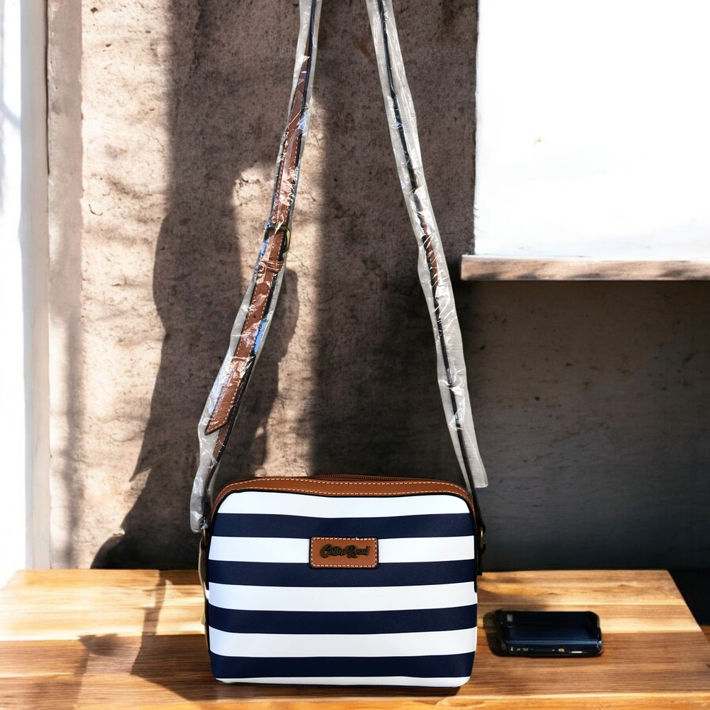 NAVY and WHITE Striped PVC Cotton Road Sling Bag with TAN Trim