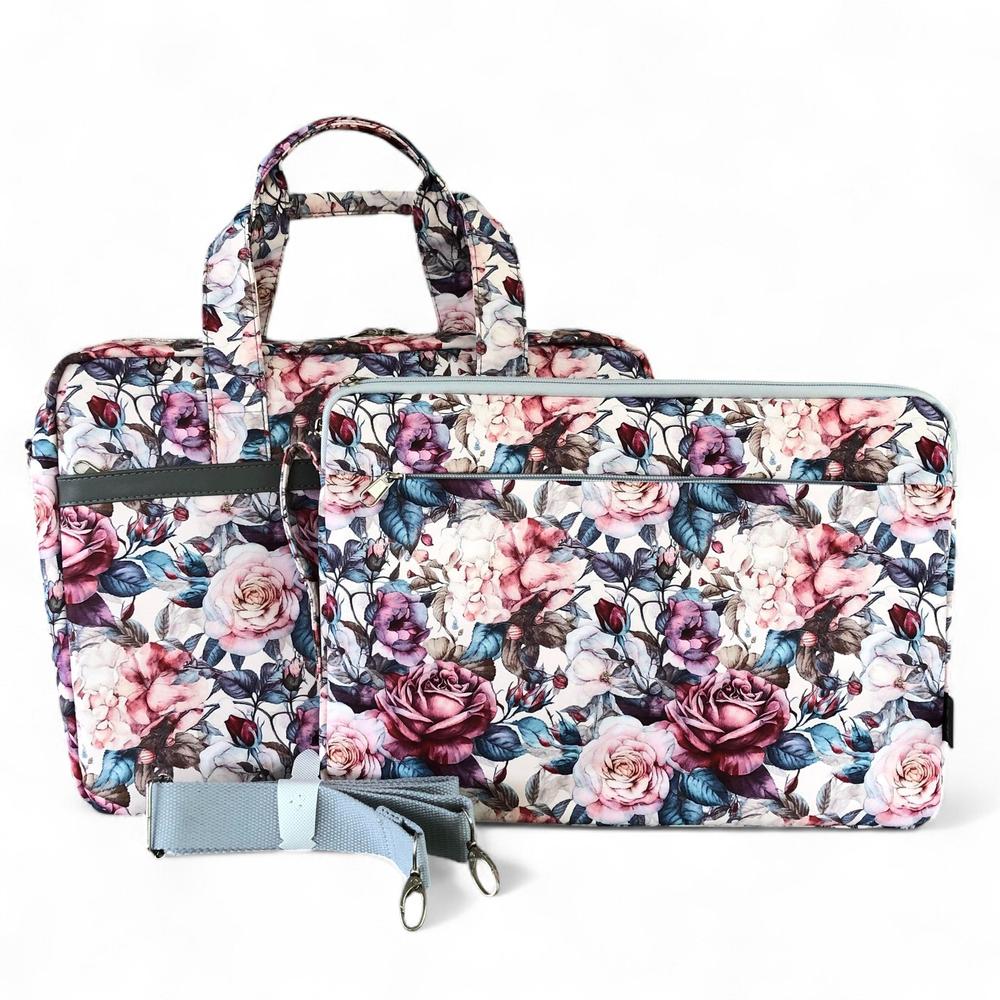 PINK Canvas FLORAL Cotton Road Laptop Bag with GREY Trim and Matching Sleeve COMBO