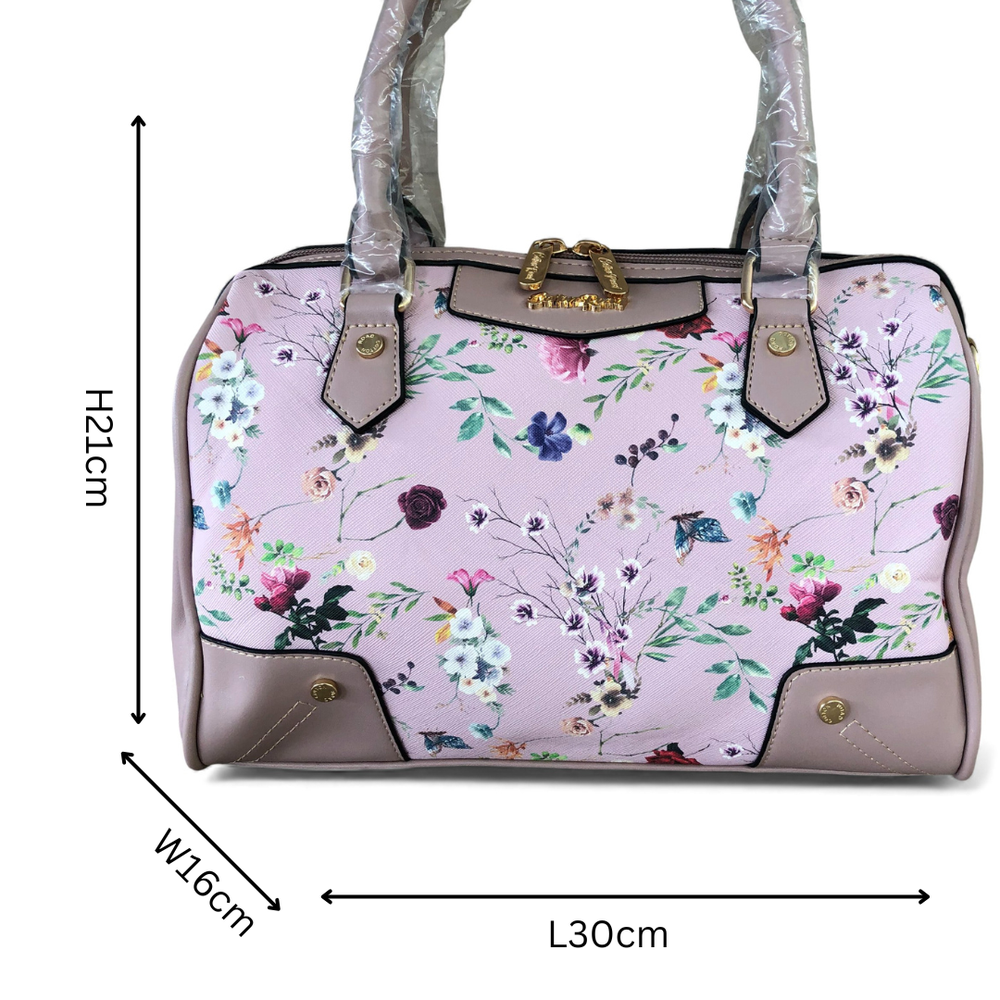 PINK Cotton Road PU Leather Barrel Handbag with FLORAL Panel
