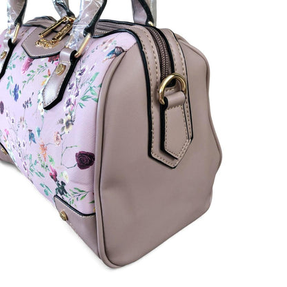 PINK Cotton Road PU Leather Barrel Handbag with FLORAL Panel