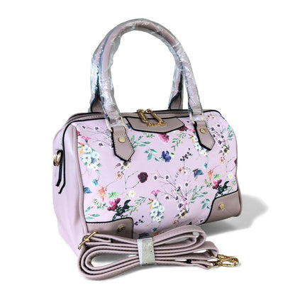 PINK Cotton Road PU Leather Barrel Handbag with FLORAL Panel