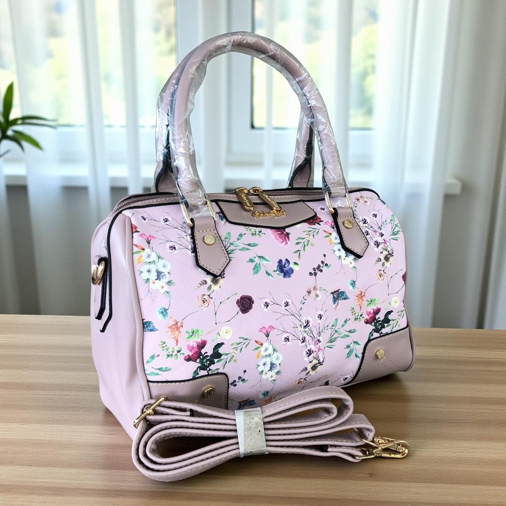 PINK Cotton Road PU Leather Barrel Handbag with FLORAL Panel