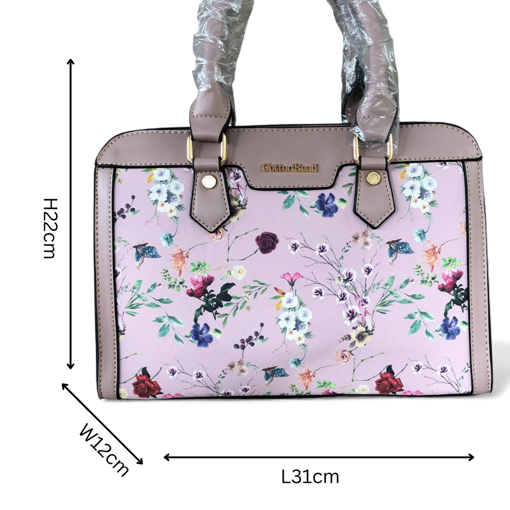 PINK Cotton Road PU Leather Handbag with FLORAL Panel