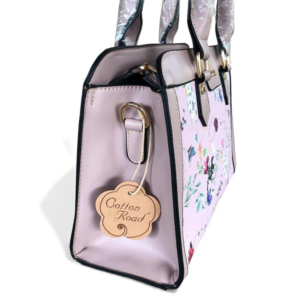 PINK Cotton Road PU Leather Handbag with FLORAL Panel
