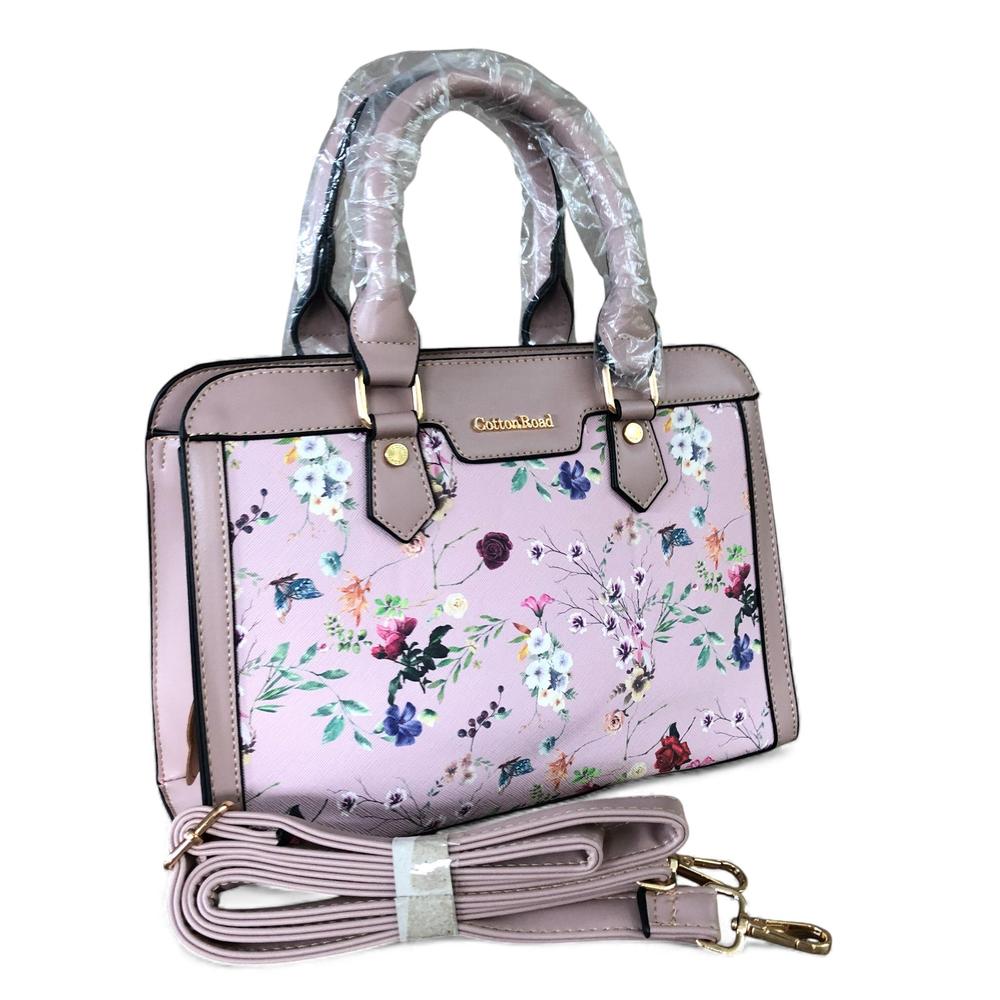 PINK Cotton Road PU Leather Handbag with FLORAL Panel