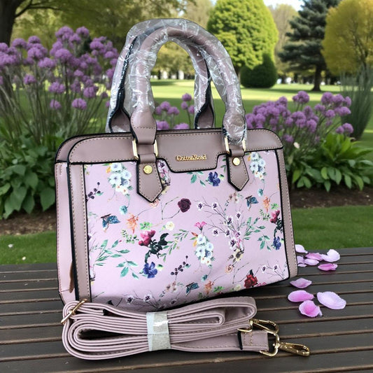 PINK Cotton Road PU Leather Handbag with FLORAL Panel