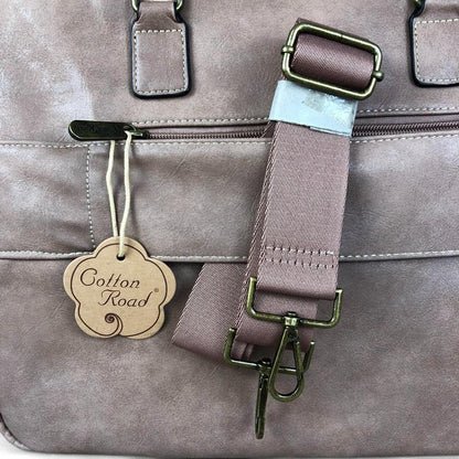 Pink Cotton Road PU leather laptop bag with twin handles, adjustable shoulder strap, and multiple zippered compartments