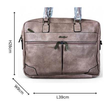Pink Cotton Road PU leather laptop bag with twin handles and adjustable strap, fits 15.6" laptop, multiple zippered compartments, size 39x9x28 cm