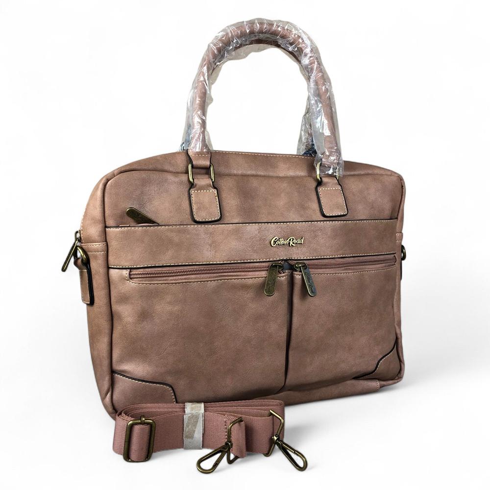 Pink Cotton Road PU leather laptop bag with twin handles and adjustable shoulder strap, fits 15.6" laptop, multiple zippered pockets, trolley strap, elegant business design.