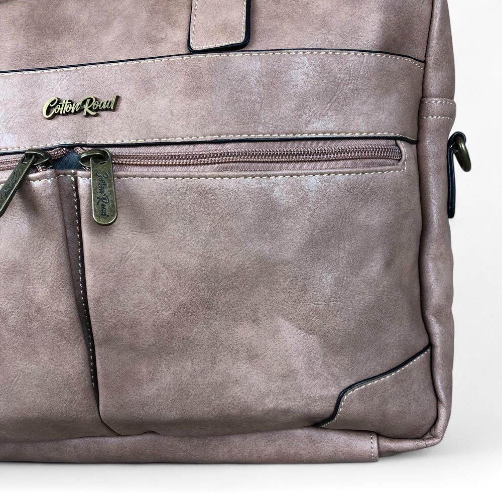 Pink Cotton Road PU leather laptop bag with multiple zippered pockets and adjustable shoulder strap