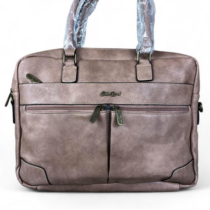 Pink Cotton Road PU leather laptop bag with twin handles and front zippered pockets