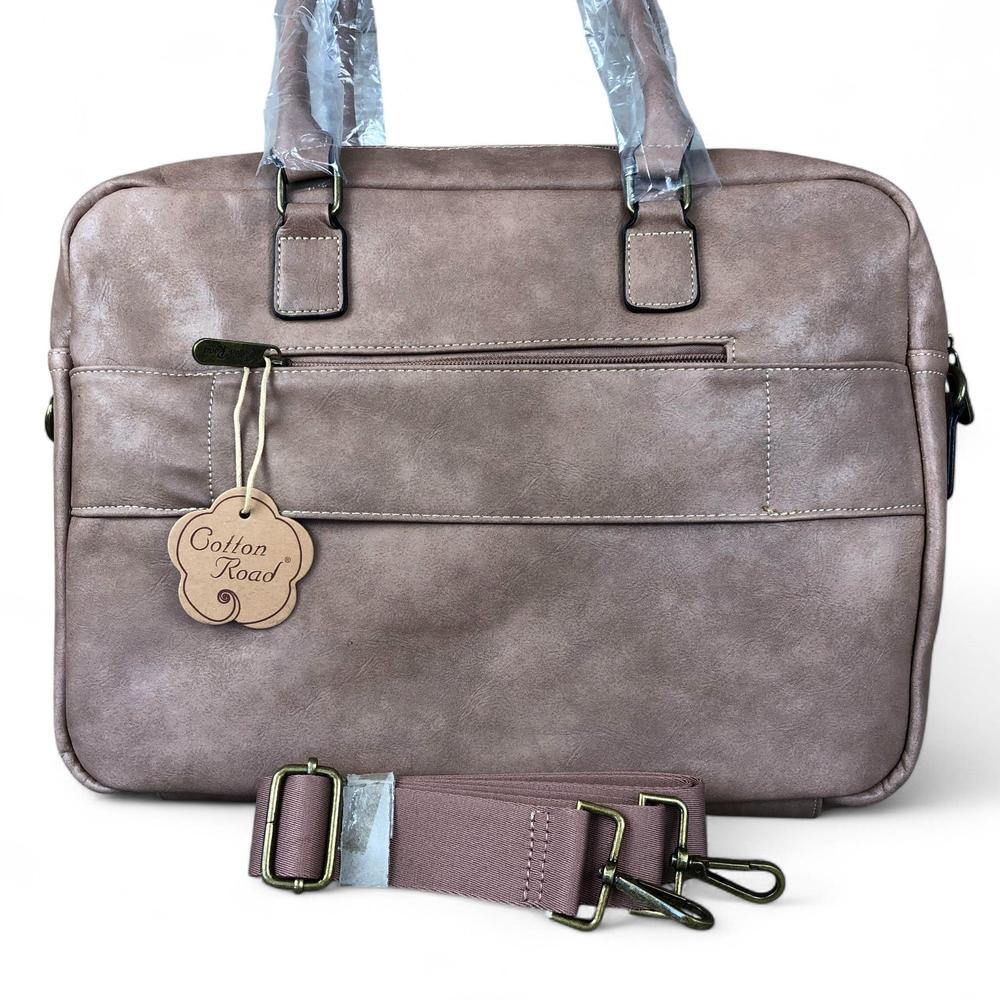 Pink Cotton Road PU leather laptop bag with twin handles, adjustable strap, zippered compartments, and padded laptop pocket for 15.6-inch laptop