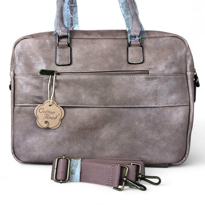 Pink Cotton Road PU leather laptop bag with twin handles, adjustable strap, zippered compartments, and padded laptop pocket for 15.6-inch laptop