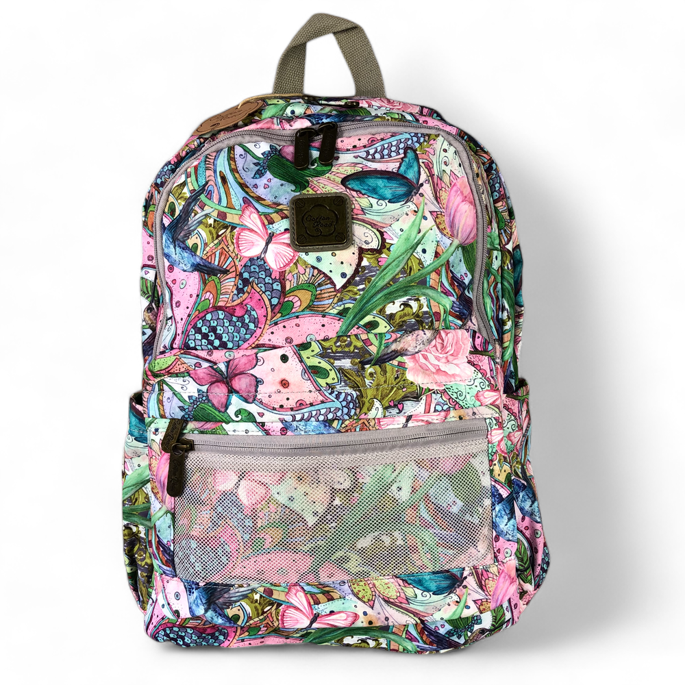 PINK FLORAL Canvas Cotton Road Backpack with BUTTERFLIES