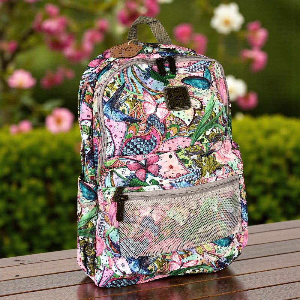 PINK FLORAL Canvas Cotton Road Backpack with BUTTERFLIES