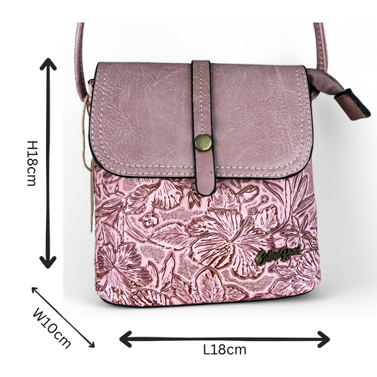 PINK PU Leather Cotton Road Sling Bag with EMBOSSED FLOWERS