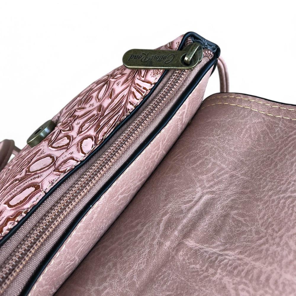 PINK PU Leather Cotton Road Sling Bag with EMBOSSED FLOWERS