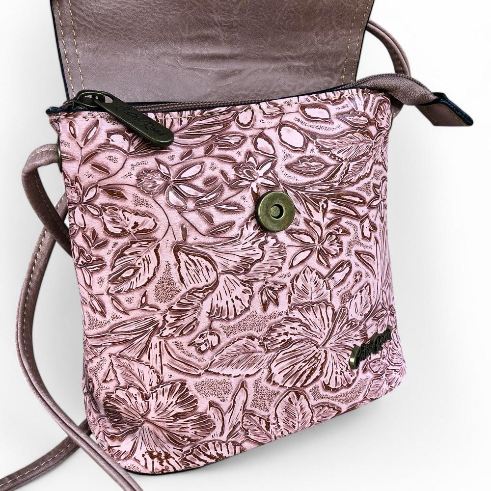 PINK PU Leather Cotton Road Sling Bag with EMBOSSED FLOWERS