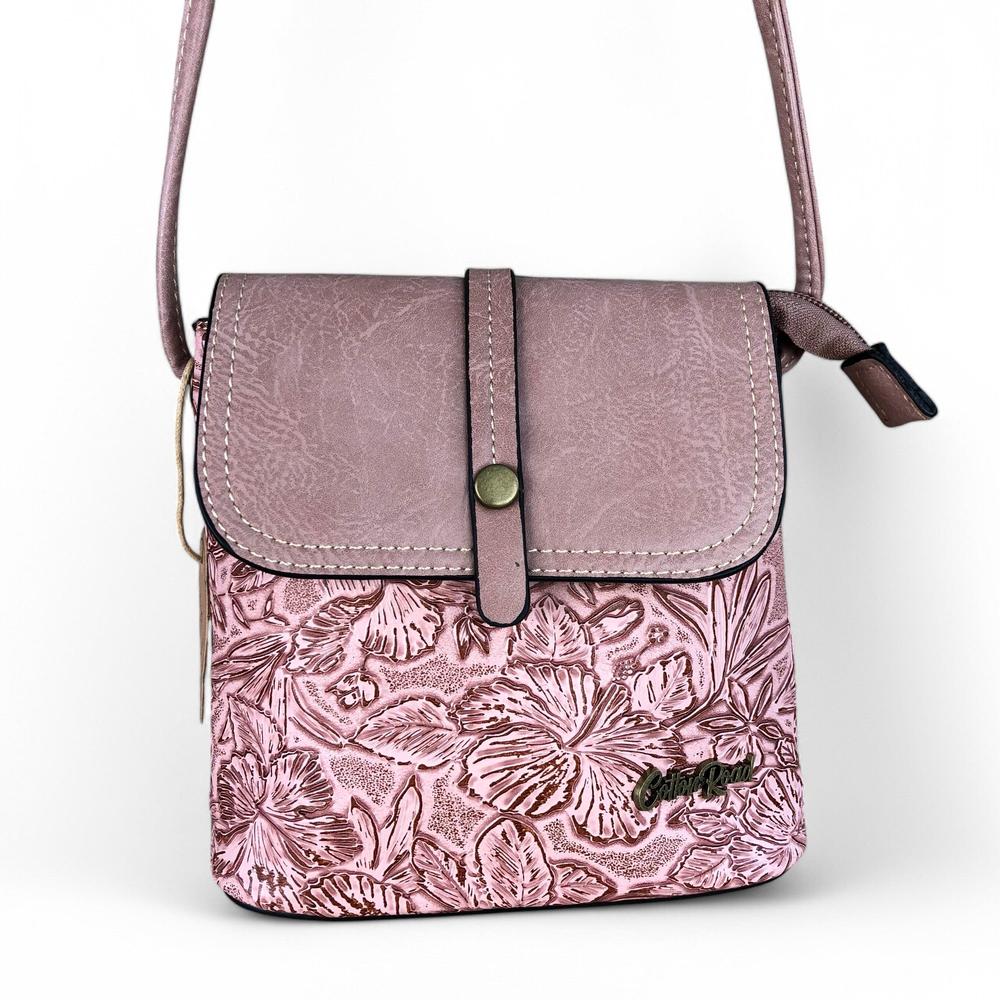 PINK PU Leather Cotton Road Sling Bag with EMBOSSED FLOWERS