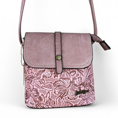 PINK PU Leather Cotton Road Sling Bag with EMBOSSED FLOWERS
