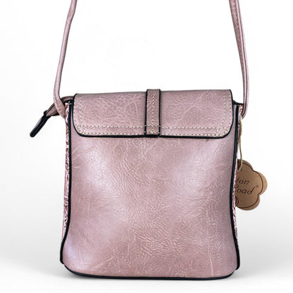 PINK PU Leather Cotton Road Sling Bag with EMBOSSED FLOWERS