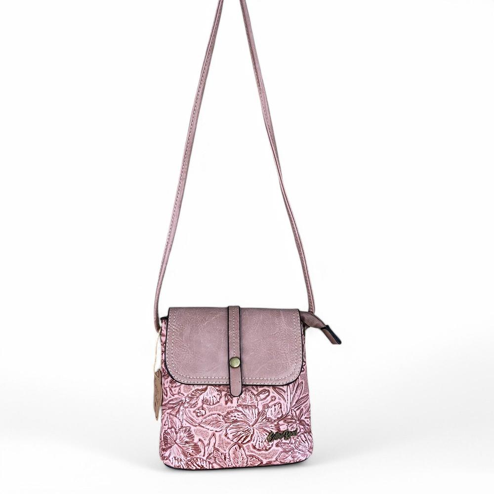 PINK PU Leather Cotton Road Sling Bag with EMBOSSED FLOWERS