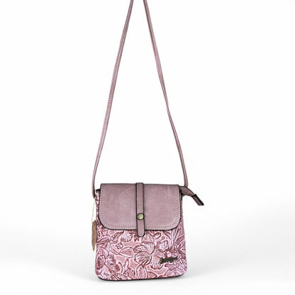 PINK PU Leather Cotton Road Sling Bag with EMBOSSED FLOWERS