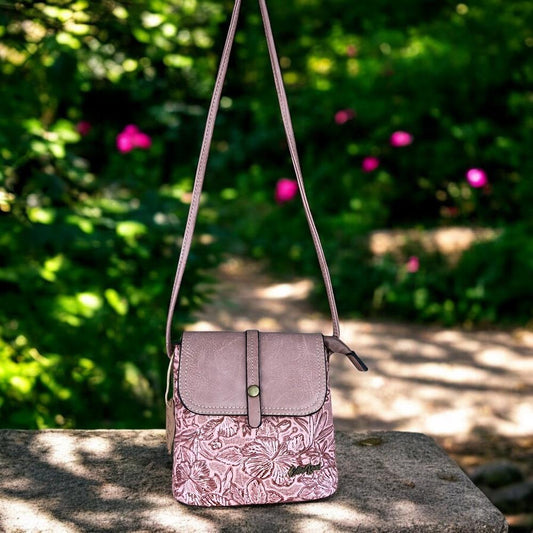 PINK PU Leather Cotton Road Sling Bag with EMBOSSED FLOWERS