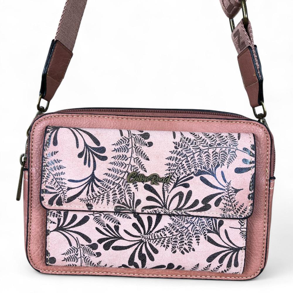 PINK PU Leather Cotton Road Sling Bag with FLORAL POCKET