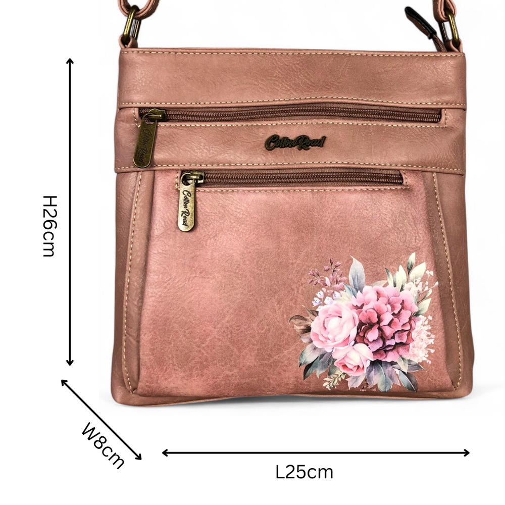 PINK PU Leather Cotton Road Sling Bag with FLORAL detailing