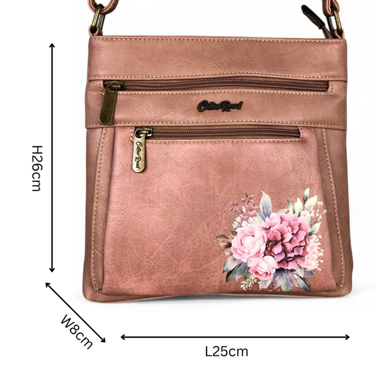 PINK PU Leather Cotton Road Sling Bag with FLORAL detailing