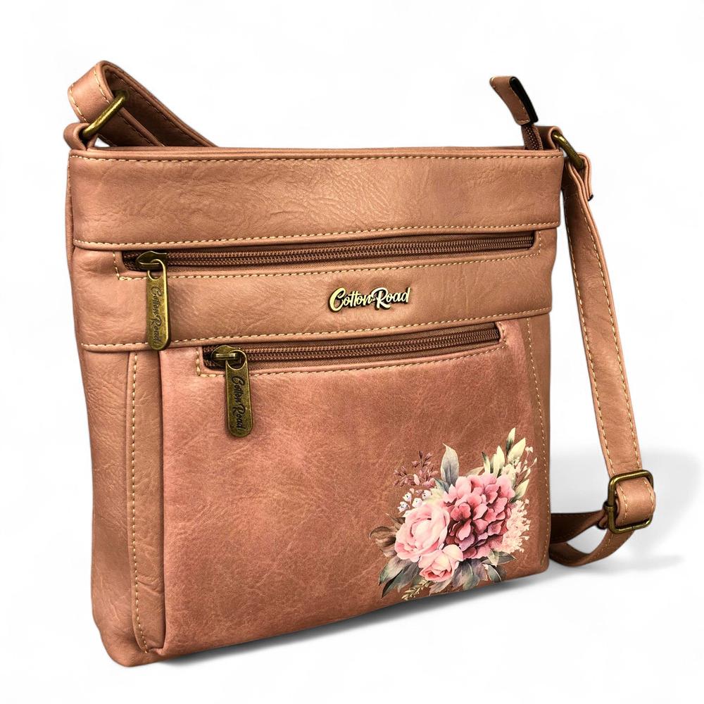 PINK PU Leather Cotton Road Sling Bag with FLORAL detailing