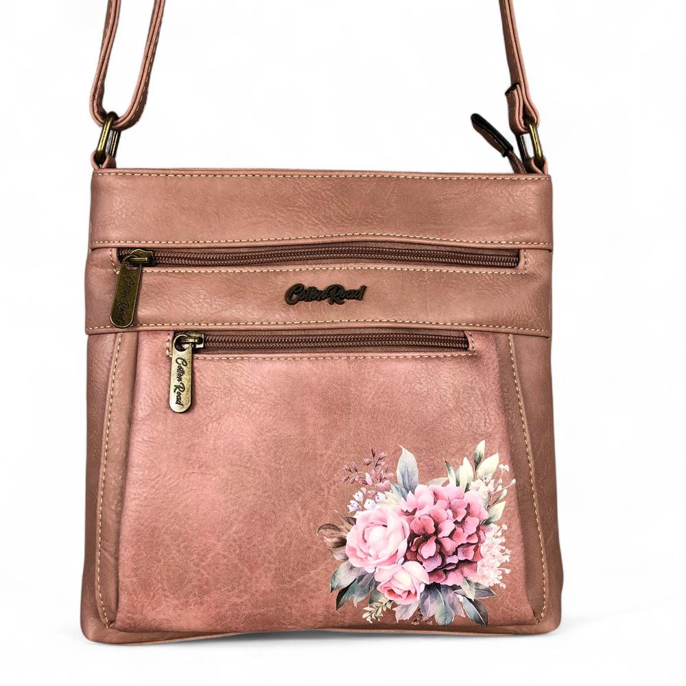 PINK PU Leather Cotton Road Sling Bag with FLORAL detailing