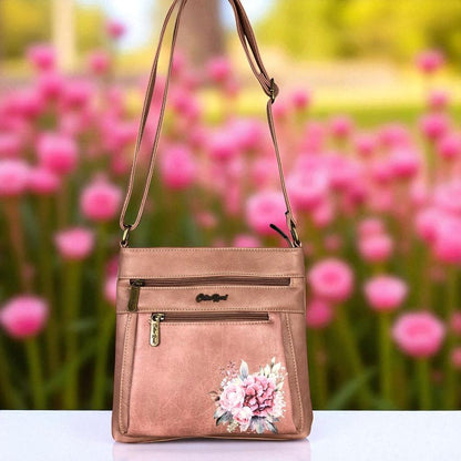 PINK PU Leather Cotton Road Sling Bag with FLORAL detailing