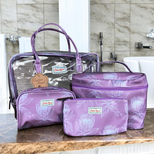 PINK PVC 4pce Cotton Road Vanity Toiletry Set with PROTEAS