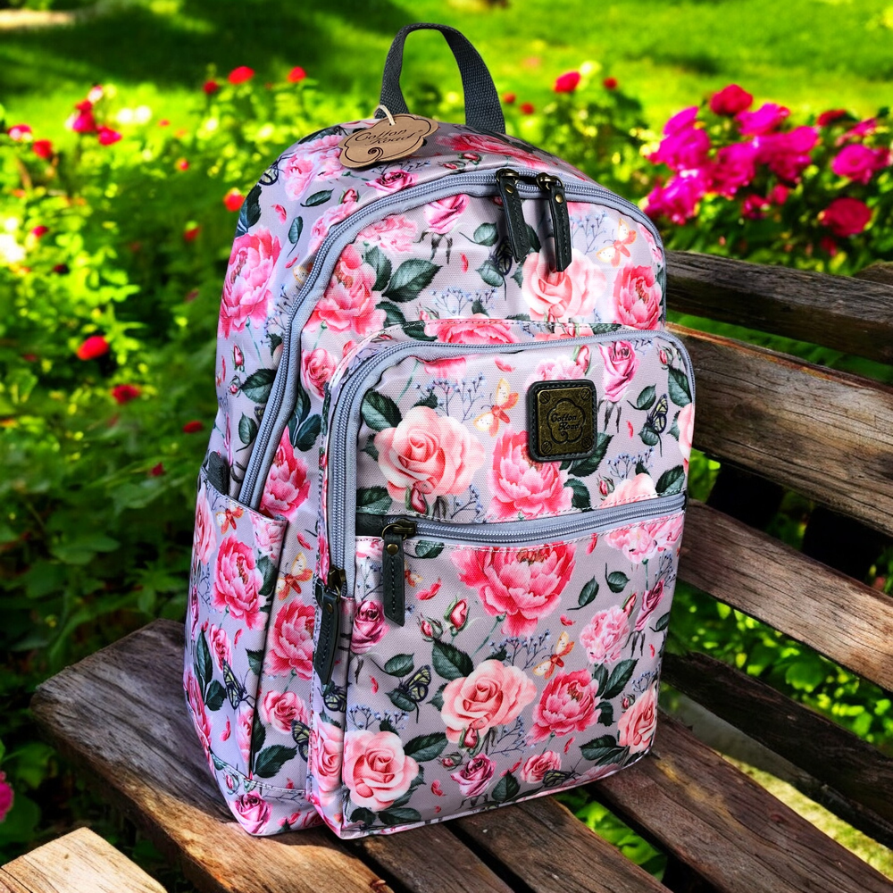 PINK PVC Cotton Road 15,6" Laptop Backpack with FLOWERS