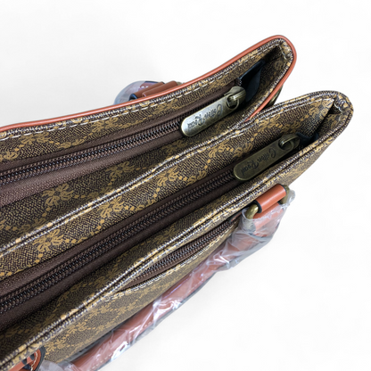 Printed BROWN PU Leather Cotton Road Handbag with TAN Trim