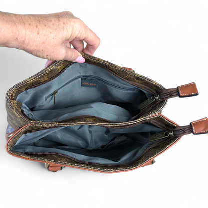 Printed BROWN PU Leather Cotton Road Handbag with TAN Trim