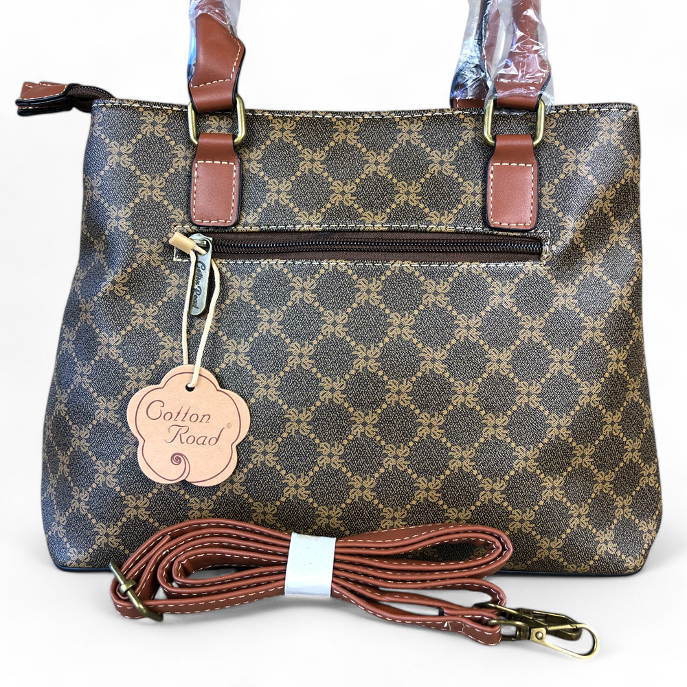 Printed BROWN PU Leather Cotton Road Handbag with TAN Trim