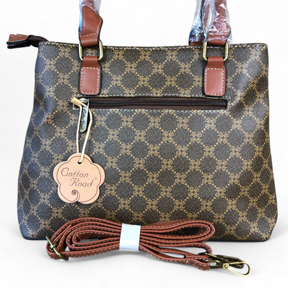 Printed BROWN PU Leather Cotton Road Handbag with TAN Trim