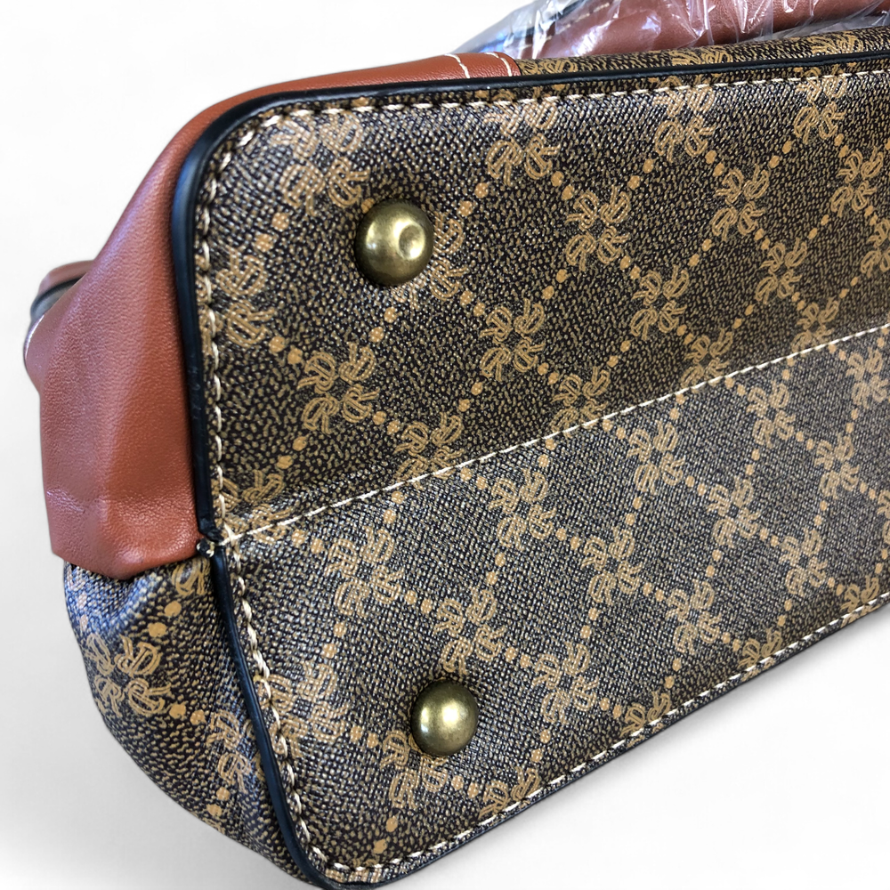 Printed BROWN PU Leather Cotton Road Handbag with TAN Trim