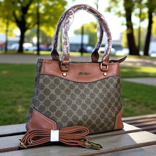 Printed BROWN PU Leather Cotton Road Handbag with TAN Trim