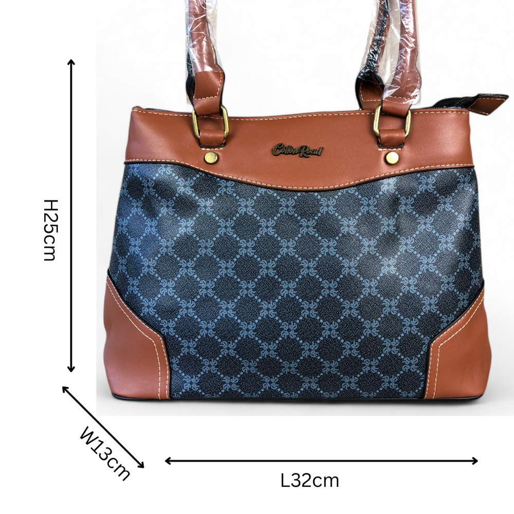 Printed CHARCOAL BLACK PU Leather Cotton Road Handbag with TAN Trim