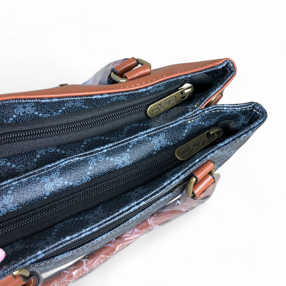 Printed CHARCOAL BLACK PU Leather Cotton Road Handbag with TAN Trim