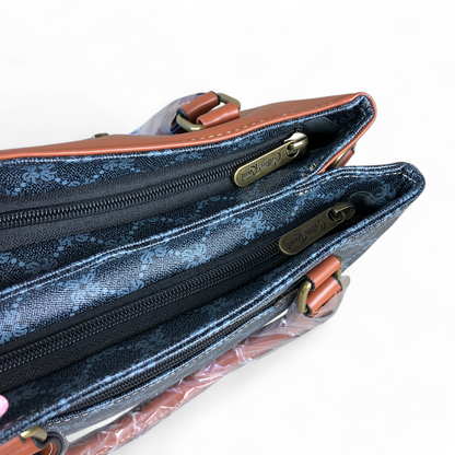 Printed CHARCOAL BLACK PU Leather Cotton Road Handbag with TAN Trim