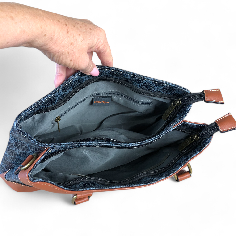 Printed CHARCOAL BLACK PU Leather Cotton Road Handbag with TAN Trim