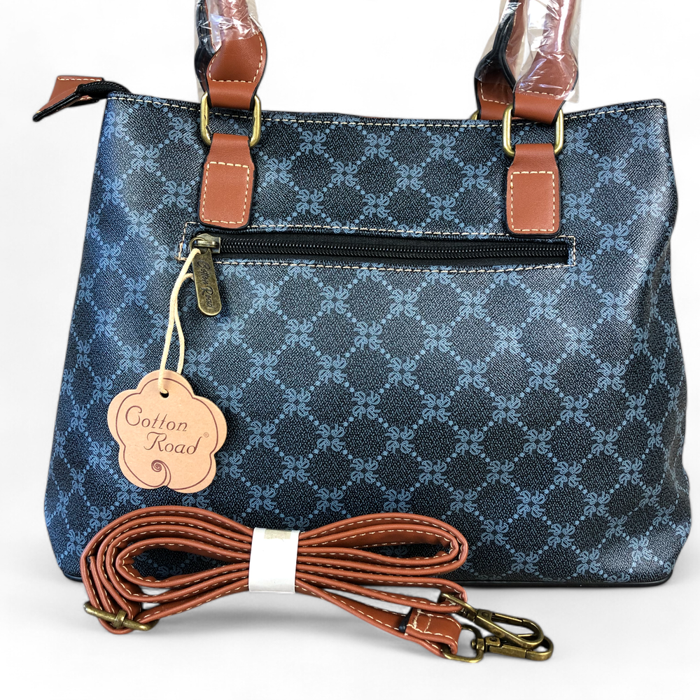 Printed CHARCOAL BLACK PU Leather Cotton Road Handbag with TAN Trim