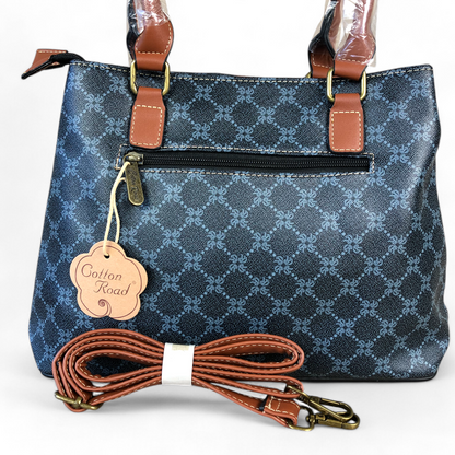 Printed CHARCOAL BLACK PU Leather Cotton Road Handbag with TAN Trim