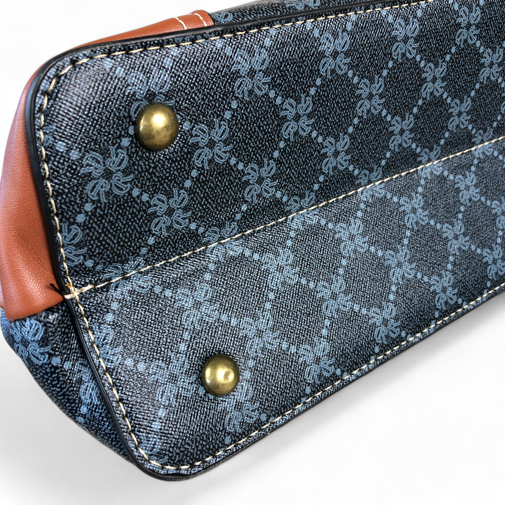 Printed CHARCOAL BLACK PU Leather Cotton Road Handbag with TAN Trim